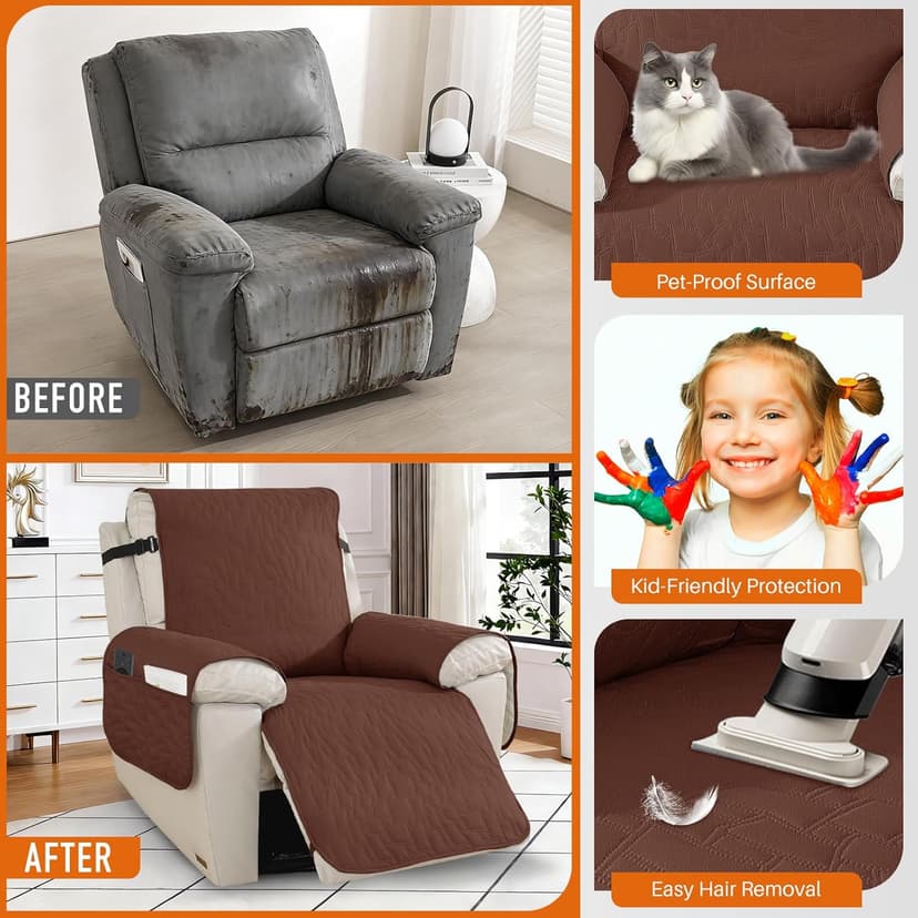 100% Waterproof Recliner Chair Covers,Non-Slip Chair Cover Dog Furniture Protector Recliner Covers Washable Slipcover with Pocket,Elastic Straps for Pets,Dogs,28",Coffee
