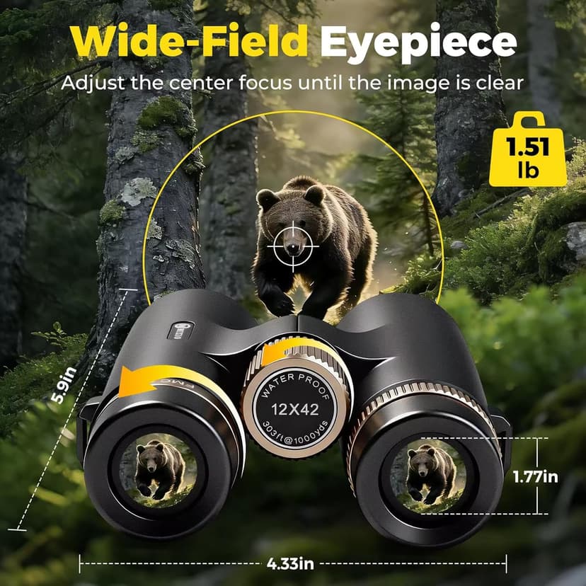 12x42 UHD Binoculars for Adults High Powered Waterproof Large View with Clear Vision & Compact Binocular Essentials for Hunting Camping Cruise Travel Bird Watching Sports