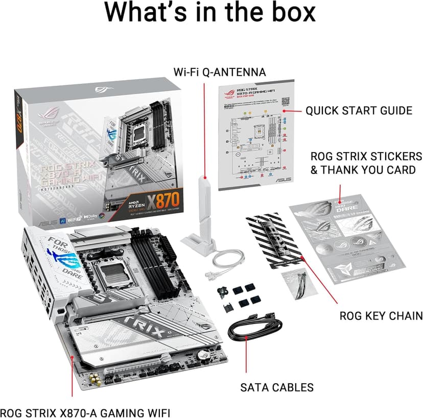ASUS ROG Strix X870-A Gaming WiFi AMD AM5 X870 ATX Motherboard 16+2+2 Power Stages, Dynamic OC Switcher, Core Flex, DDR5 AEMP, WiFi 7, 4X M.2, PCIe® 5.0, Q-Release Slim, USB4®, AI OCing & Networking