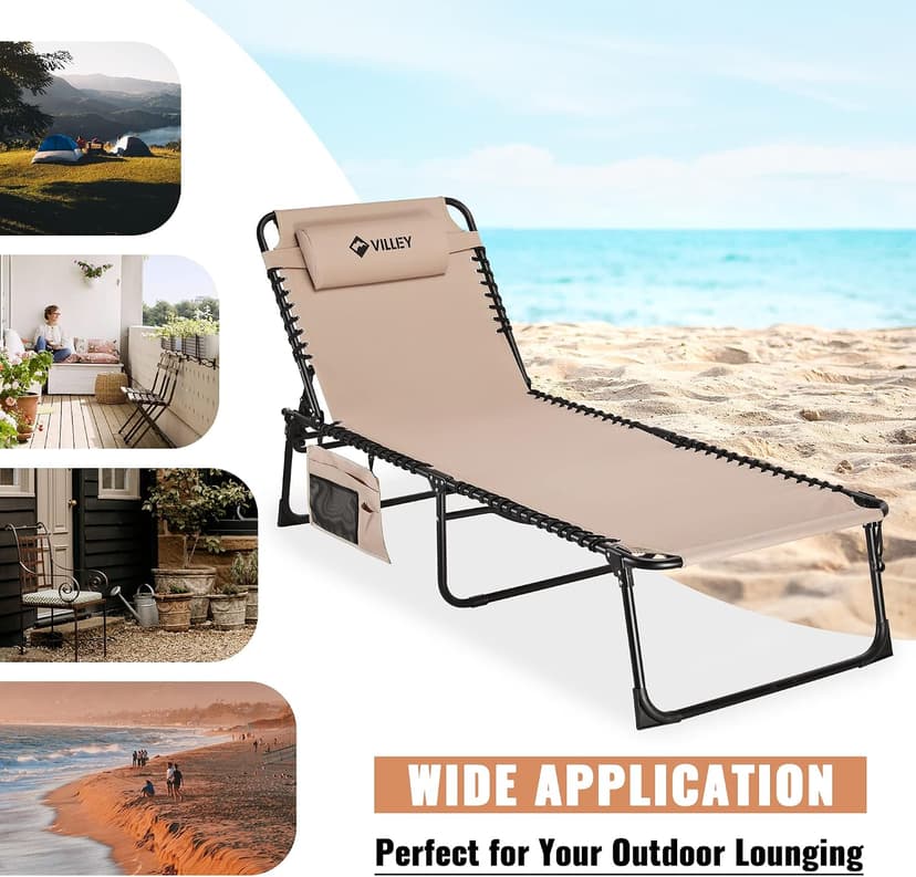 VILLEY Oversized Chaise Lounge Chair, Heavy-Duty Folding Outdoor Lounge Chair with 5 Adjustable Positions, Portable Trifold Beach Lounger for Patio, Beach, Lawn, Backyard, Camping – Beige