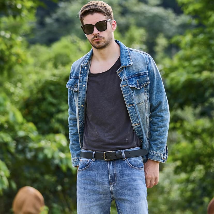 DENGFENGZHE Men's Full Grain Leather Belt for Everyday Casual Jeans, 1.5" Handmade Men Leather Belts with Gift Box