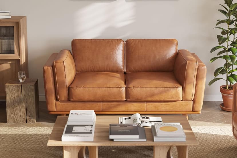 Valencia Artisan Full Leather Loveseat Sofa 66” - Pure Full Italian Nappa Leather Couch, Solid Wood Accent, Ultimate Comfort, Cognac Tan