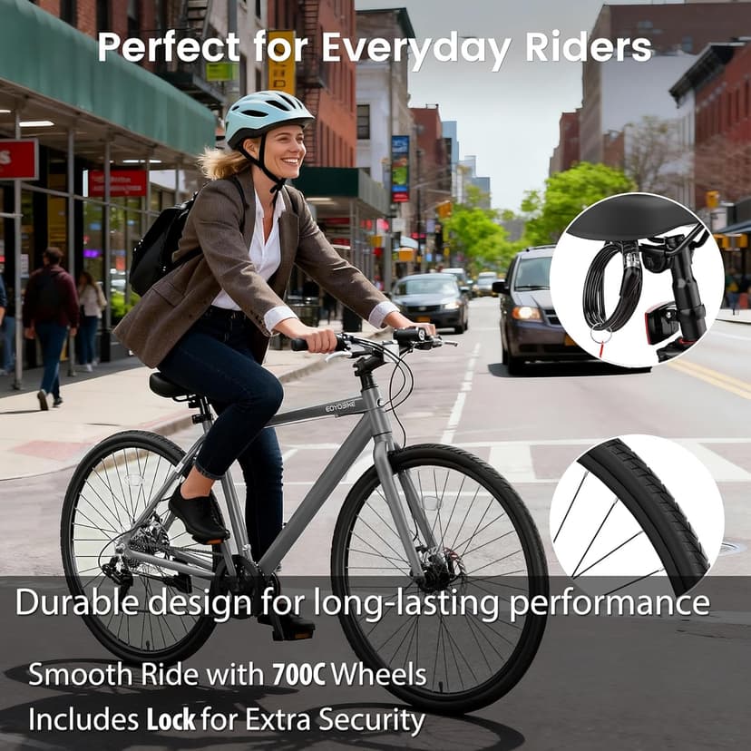 MOONCOOL Hybrid Bike for Men, 700C Aluminum 29LBS Ultra-Light 8-Speed Commuter Bike, 350lb Capacity, 29" Adult Urban Bicycle, Dual Disc Brakes, for Tall Men&Women, 85% Pre-Assembled