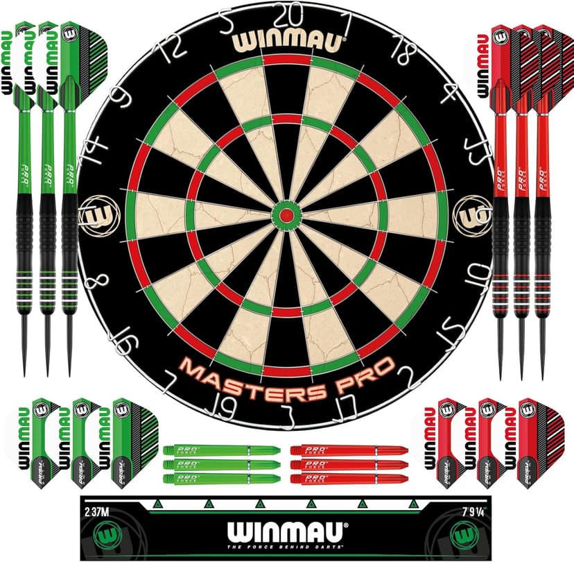 Winmau Darts - Masters Pro Premium Bristle Dartboard Set - Includes Dart Board, Darts, Flights, Shafts and Oche Strip - Professional Steel Tip Darts & Dart Board for Adults