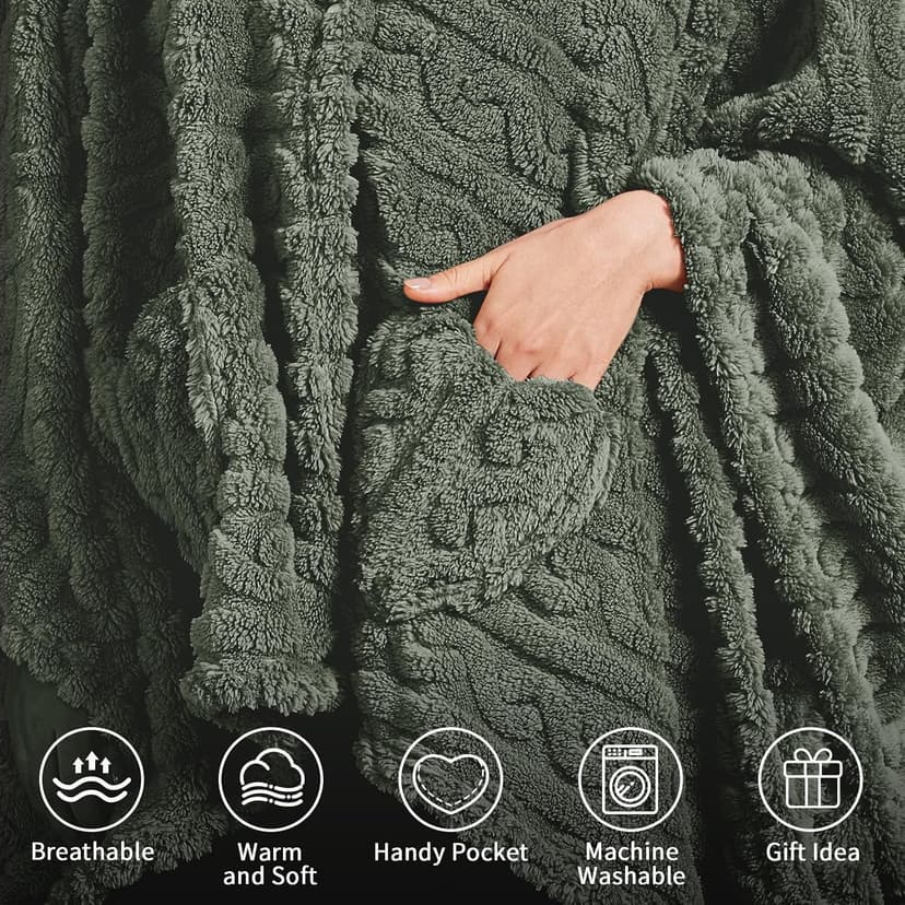 Wearable Blanket Poncho Cape Wrap for Adult, Cozy Sherpa Fleece Pocketed Shawl TV Throw Blankets for Office and Lounge,Green B0DJ8RLDQ3