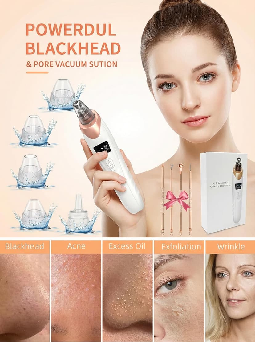 2026 Pore Vacuum, USB Rechargeable Blackhead Remover Vacuum,3 Levels Adjustable Pore Vacuum Blackhead Remover, with 5 Suction Power,6 Probes,Face Vacuum Pore Cleanser for Women & Men-White