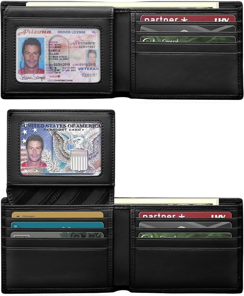 RUNBOX Genuine Leather Wallet for Men 12 Cards Mens Wallet Bifold Rfid Blocking with 2 ID Windows Card Holder Wallet with Gift Box
