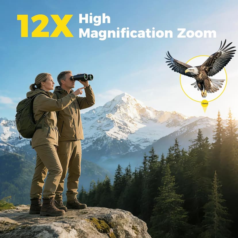 12x42 UHD Binoculars for Adults High Powered Waterproof Large View with Clear Vision & Compact Binocular Essentials for Hunting Camping Cruise Travel Bird Watching Sports
