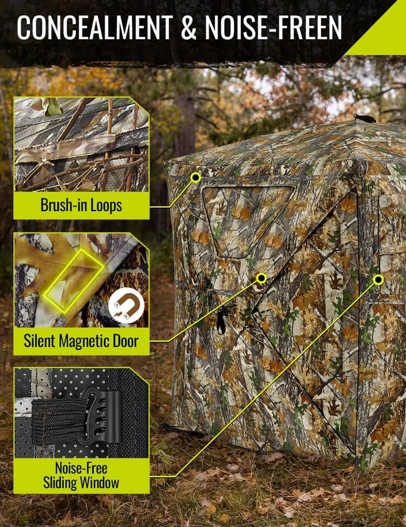TIDEWE Hunting Blind 270°Full See Through with Windproof Curtain, Silent Magnetic Door & Sliding Windows, Pop Up Ground Blind with Carrying Bag, 300D Portable Tent