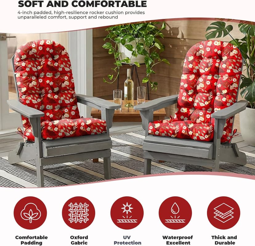 DANGHOOGY Outdoor/Indoor Adirondack Chair Cushion, Waterproof Outdoor Rocking Chair Cushion with Ties, Tufted Replacement Seat Cushions for Outdoor Furniture, Red Flower