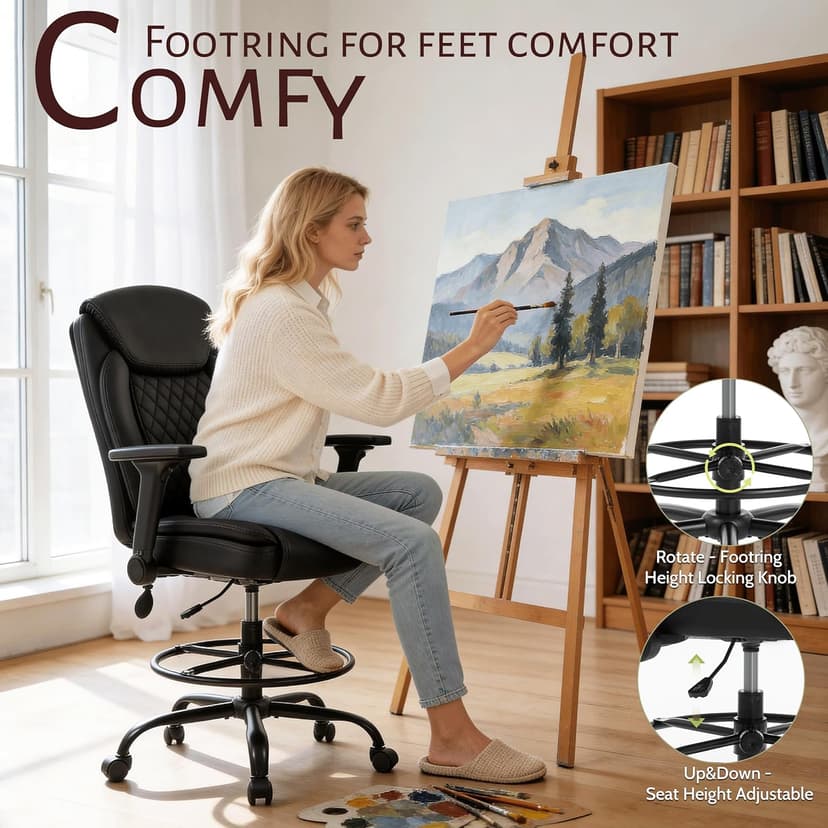 Drafting Chair,Executive Tall Office Chair Flip-up Armrests for Counter Height Desk Drawing Use,High Task Chair with Adjustable Foot Ring & Inflatable Lumbar Support, Swivel Computer Stool,PU Black
