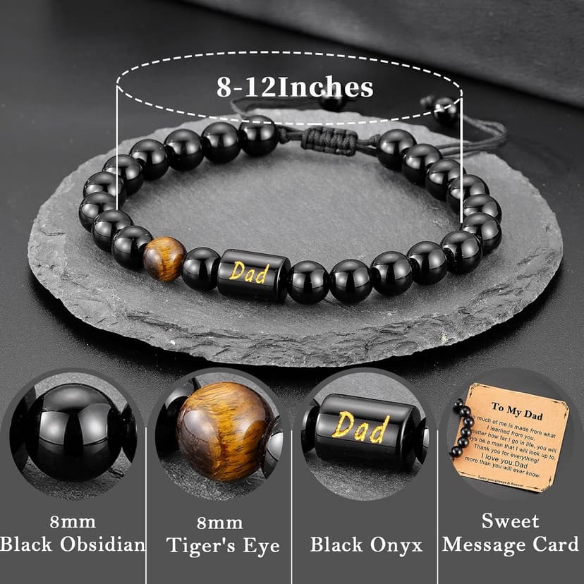 Gifts for Papa Dad New Dad Grandpa, Handmade Braided Rope Bracelet Natural Black Onyx Black Obsidian Tiger Eye Stone Beads Fathers Day Birthday Jewelry Gifts for Men B0H28WK6TZ