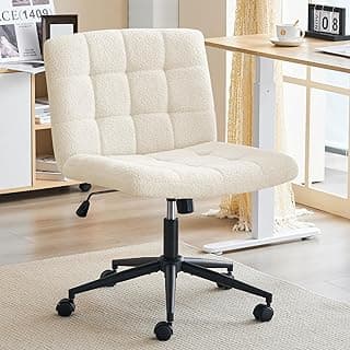 Furnimart Swivel Criss Cross Legged Chair with Wheels for Home Office, Wide Armless Desk Chair Height Adjustable Comfy Seat for Desk,Vanity, Bedroom, Faux Fur White