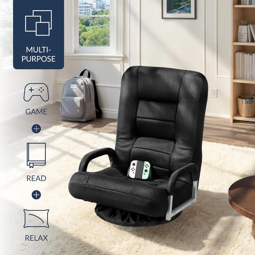 Best Choice Products Swivel Gaming Chair 360 Degree Multipurpose Floor Chair Rocker for TV, Reading, Playing Video Games w/Lumbar Support, Armrest Handles, Adjustable Foldable Backrest - Black/Black