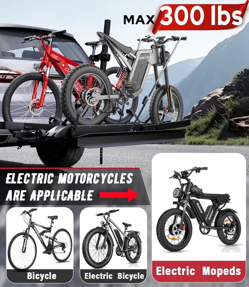 Ebike Rack with Ramp, Foldable Bike Rack for Tow Hitch, Heavy Duty Bike Carrier for 2 Fat Tire Bikes with 300LBS Load Capacity - Fits SUV, Truck, Trailer, RV