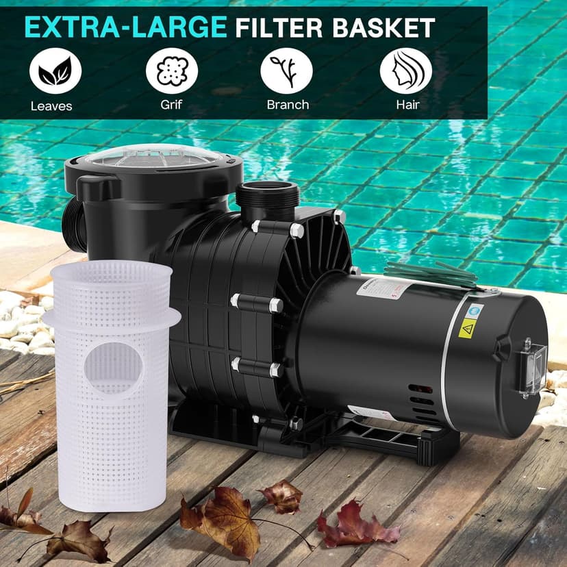 Pool Pump Above Ground/Inground, 2 HP 6900GPH Powerful Selfpriming Pool Pumps for 15,000-31,000 Gallons Pools, Dual Voltage Swimming Pool Pump with Strainer Basket & Drain Plug (2.0HP)