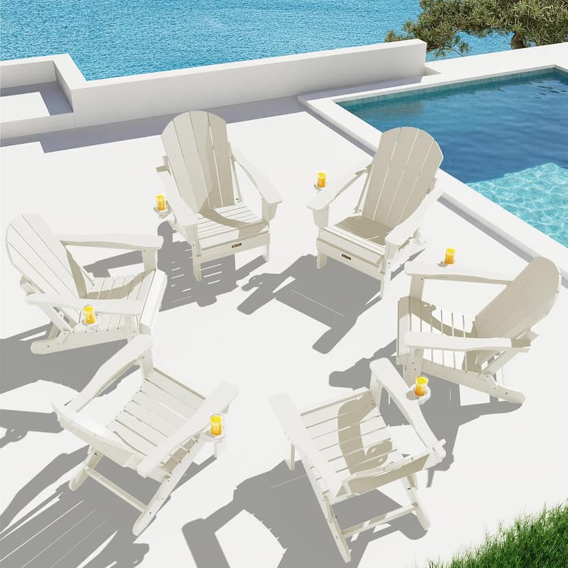 SERWALL Folding Adirondack Chair Set of 2, All Weather Patio Chair with Wood Texture, Fire Pit Chairs for Outdoor - White