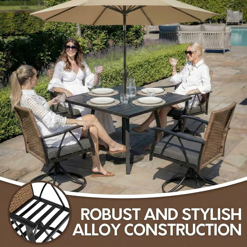 5-Piece Patio Dining Set for 4，Outdoor Dining Set with Wicker Swivel Patio Dining Chairs with Cushions & 1 Black Square Woodgrain Dining Table with 1.75”Market Umbrella Hole, Black & Brown