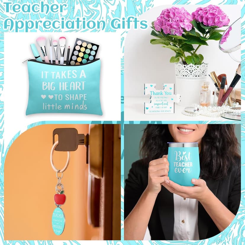 Patelai 5 Pcs Teacher Appreciation Gift Set for Women End of The Year Teacher Gifts Include 12oz Tumbler Makeup Bag Acrylic Sign Keychain Gift Box Thank You Presents for Teachers' Day Birthday(Teal)