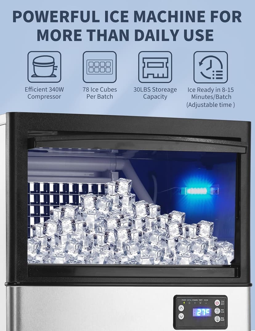 Commercial Ice Maker Machine, 150lbs/24H, 30 Lbs Ice Storage Bin, Fast Making Ice in 5-15 Mins, Auto-Clean, Timer Function, Freestanding or Undercounter for Restaurant,Coffee Shop, Food Truck and Bar