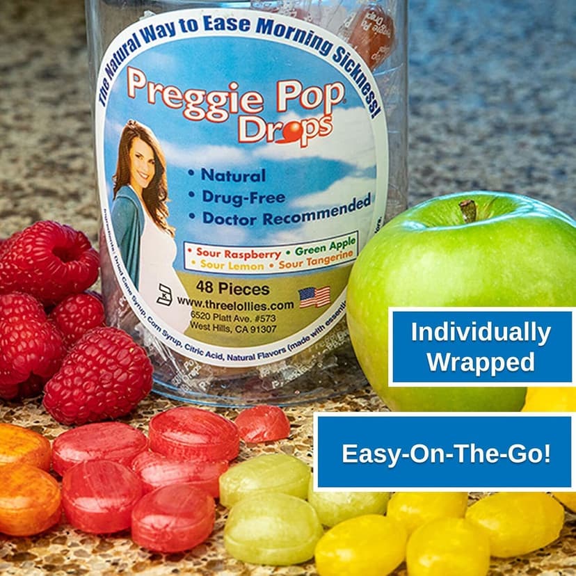 Preggie Pop Drops Morning Sickness Relief for Pregnant Women. Assorted Yummy Candy Drops for Pregnancy. 48 Count