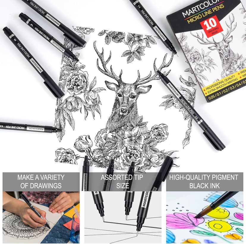 MARTCOLOR Micro Pen Fineliner Pens, 10 Size Fine Point Archival Black Ink Pens, Waterproof Multiliner Pen for Artist Illustration, Sketching, Art Drawing, Anime, Manga, DIY Gifts Projects