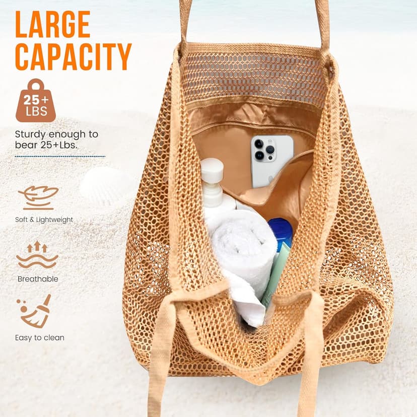 HOHOM Beach Bags for Women, Summer Travel Mesh Tote Bag with Large Inner Pocket, Sandproof Woven Shoulder Handbag