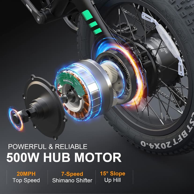 TotGuard Electric Bike,20" Electric Bike for Adults Peak 750W Brushless Motor,20MPH Fat Tire Ebike,Foldable Adult Electric Bicycles with 48V 10Ah Removable Battery,7-Speed,SGS Certified to UL 2849