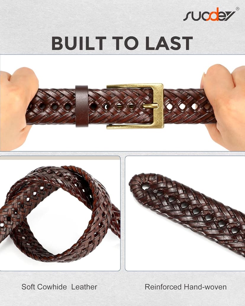 SUOSDEY Braided Genuine Leather Belt for Men, 1.2" Width Men’s Casual Woven Leather Belt for Jeans Pants