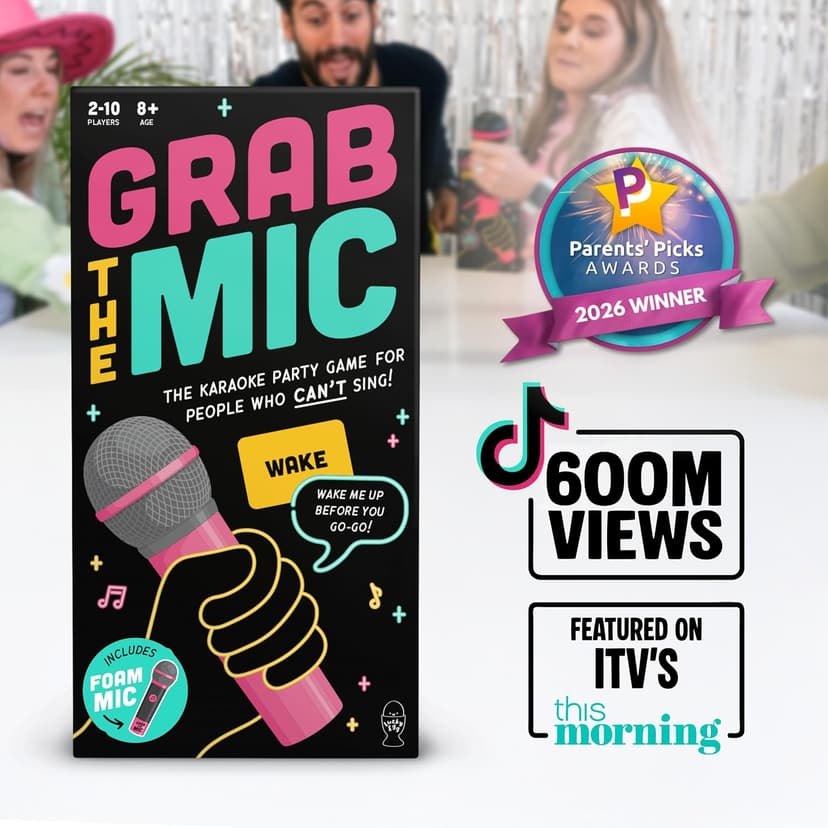 Lucky Egg Official Grab The Mic – Family Karaoke Board Game w/Foam Mic, 8+ Ages, 2-10 Players - Games for Bad Singers w/ 230 Lyrics (115 Cards)