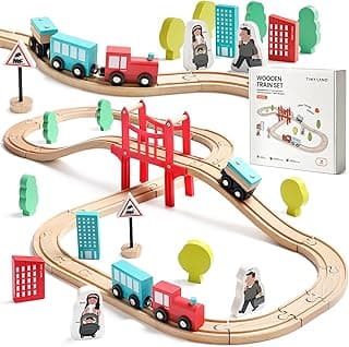 Tiny Land Wooden Train Set for Toddler - 39 Pcs- with Wooden Tracks Compatible with Major Brands - Expandable, Changeable-Train Toy for 3 4 5 Years Old Girls & Boys
