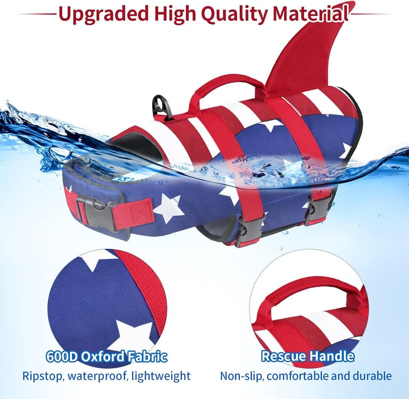 Malier Dog Life Jacket, High Buoyancy Shark Swimsuit, Ripstop American Flag, Medium, Red & Dark Blue