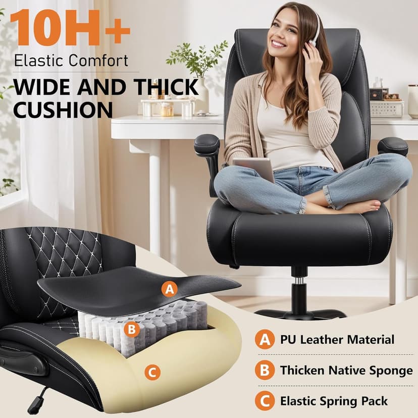 BESTFAIR Office Chair, Ergonomic Computer Desk Chairs with Lumbar Support for Lower Back Pain Relief, Executive Leather Home Chair Comfy with Padded Flip-up Armrests, Black
