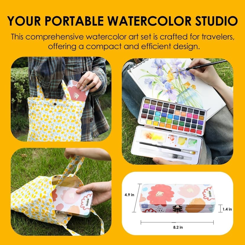 High Pigment Paints, Blendable Colors, Portable Travel Case, Painting, Sketching, Illustration, Beginner And Hobby Artists Grabie 50 Color Watercolor Paint Set with Brush Pens B0BJPQ3TKS