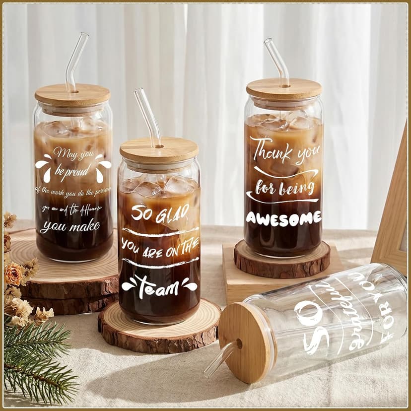 Appreciation Gifts for Team, Employees, Coworkers, Staff, Teacher, Nurse, 20oz Glass Cups with Straws and Lids, Mixed 12 Set Employee Appreciation Gifts, Inspirational Thank You Gifts for Staff B0GSRCKT29