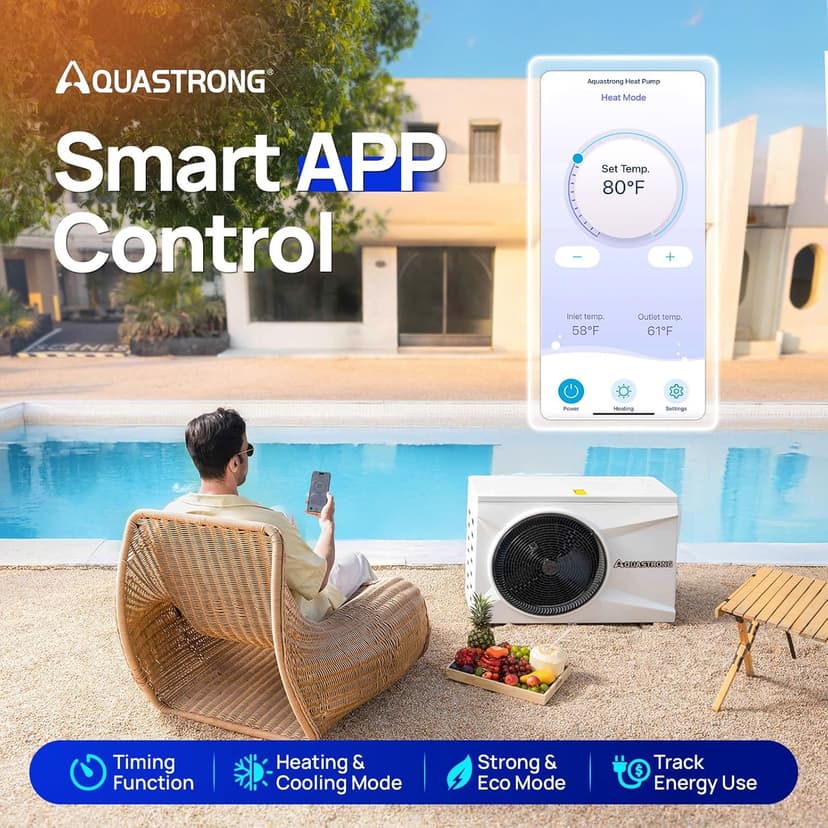 AQUASTRONG Inverter Swimming Pool Heat Pump,Pool Heater for Above Ground and Inground Pool Heating and Cooling Pool Heater, Smart WiFi Control Pools Up to, 9000 Gallons