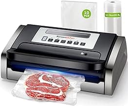 Bonsenkitchen Vacuum Sealer Machine, Globefish Technology for Perfect Vacuum Sealing, Powerful Low-Noise Food Vacuum Sealer with Easy Handle Design, Built-in Cutter & Bag Storage, 1 Bag Roll & 10 Bags