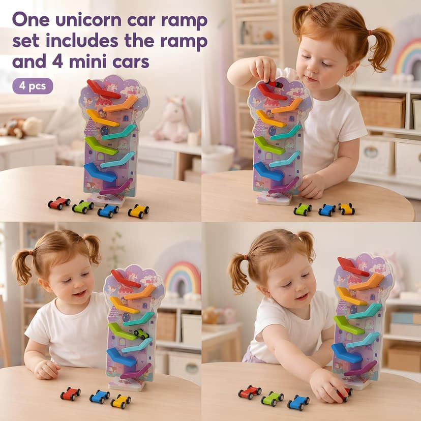 Montessori Toys for 2 Year Old Girls and Boys; Wooden Car Ramp for Cause-and-Effect and Hand-Eye Coordination; Birthday Gift Unicorn Car Ramp Toys for Toddlers 1-3, Wooden Race Track with 4 Mini Cars B0H7HBYL82
