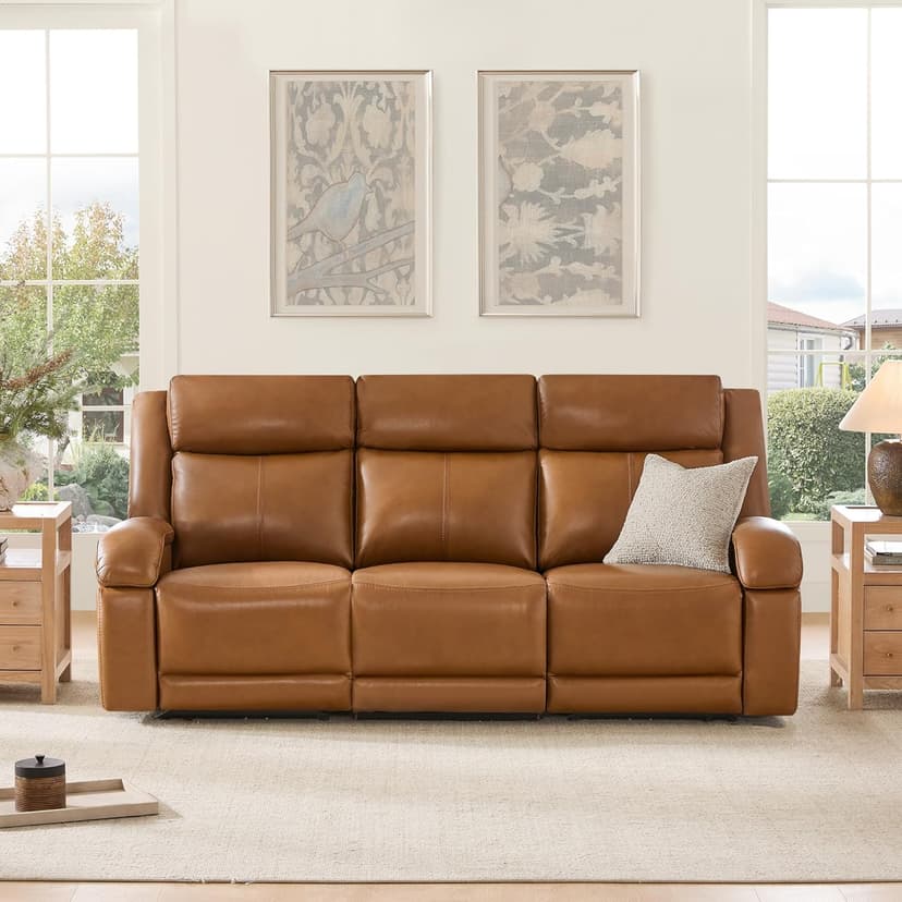Watson & Whitely Genuine Leather Power Recliner Sofa, 3 Seater Wall Hugger Reclining Sofas with Power Headrest, USB & TypeC Ports, Electric Recliner Couch Set for Living Room, Saddle Brown
