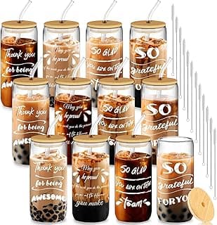 12 Set Employee Appreciation Gifts, Inspirational Thank You Gift for Team, Teacher, Nurse, Coworkers, Employees, Staff - Employee Christmas Gifts, 20oz Glass Cups with Lids and Straws (Mixed)