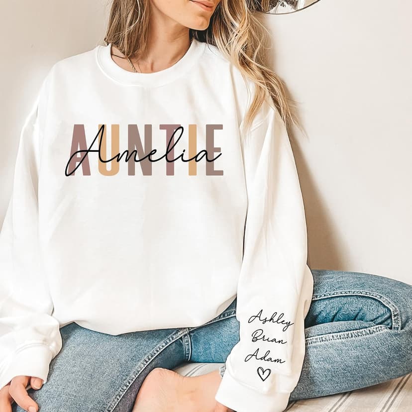 DILYPOD Personalized Auntie Name Sweatshirt, Custom Auntie with Kids Names On Sleeve, Aunt Sweatshirt, Aunt Gift, Christmas Shirt for Women, Gift for Mothers Day Womens Day Birthday