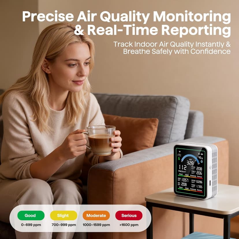Air Quality Monitor Indoor, 10 in 1 Portable Smartair Quality Tester for CO2 | CO | TVOC | HCHO | Temp | AQI | PM0.3-1 Detection Suitable for Home, Cars, Plants, Pets and Hotels -White