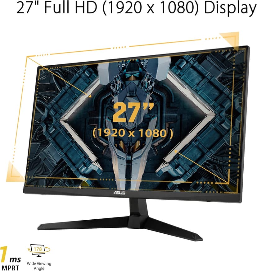 ASUS TUF Gaming 27 Inch Gaming Monitor - Full HD, 1080P, 165Hz (Supports 144Hz), 1ms, Extreme Low Motion Blur, FreeSync Premium, Shadow Boost, Eye Care, HDMI, DisplayPort, Tilt Adjustable - VG277Q1A