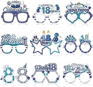 Konsait 18th Birthday Glasses - 18 Pack Blue Silver Paper Glasses 18th Birthday Gifts for Boy, Party Decorations, Accessories & Photo Props