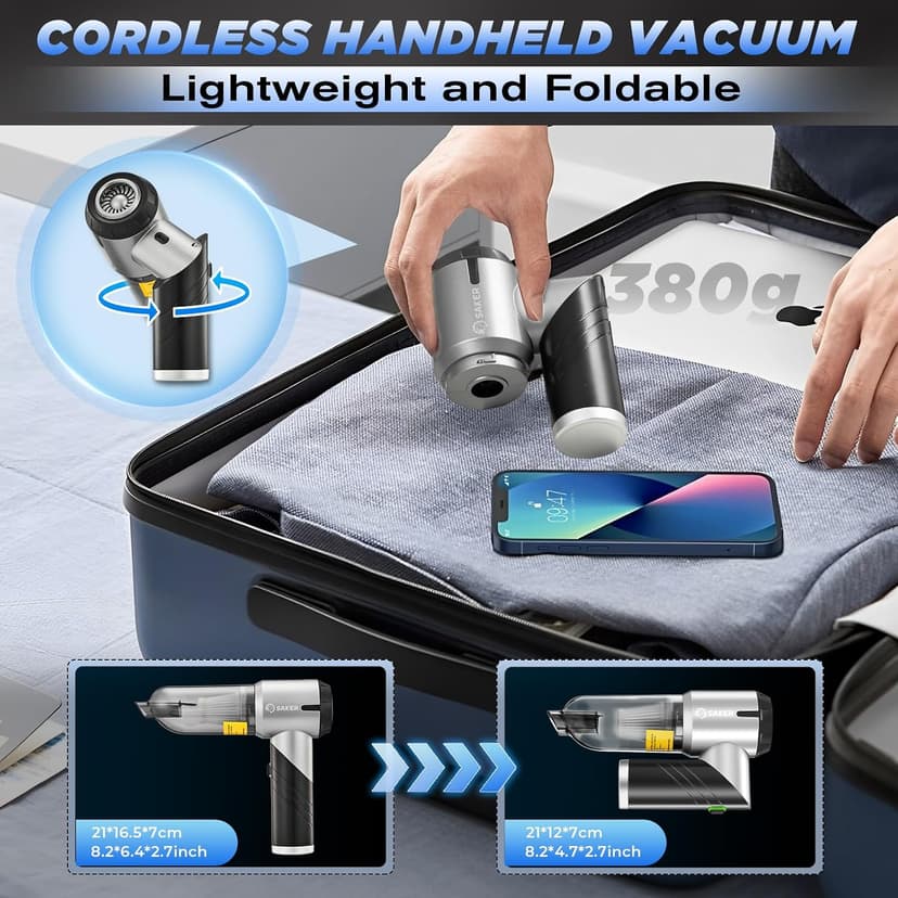 Mini Car Vacuum with Brushless Motor,Air Duster Blower,Rechargeable Foldable Vacuum Cleaner,for Home, Office Pet,Gifts Saker Handheld Car Vacuum Portable Cordless17000Pa HL132 Black B0D8PQHYV3