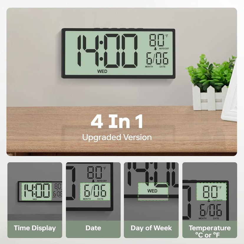 JALL 14.5" Large Digital Wall Clock Battery Operated with Big Digits LCD Screen Display, Day, Date, Alarm, Auto DST, Temperature for Living Room, Bedroom, Desk Decor, Mounted, Gift for Elderly