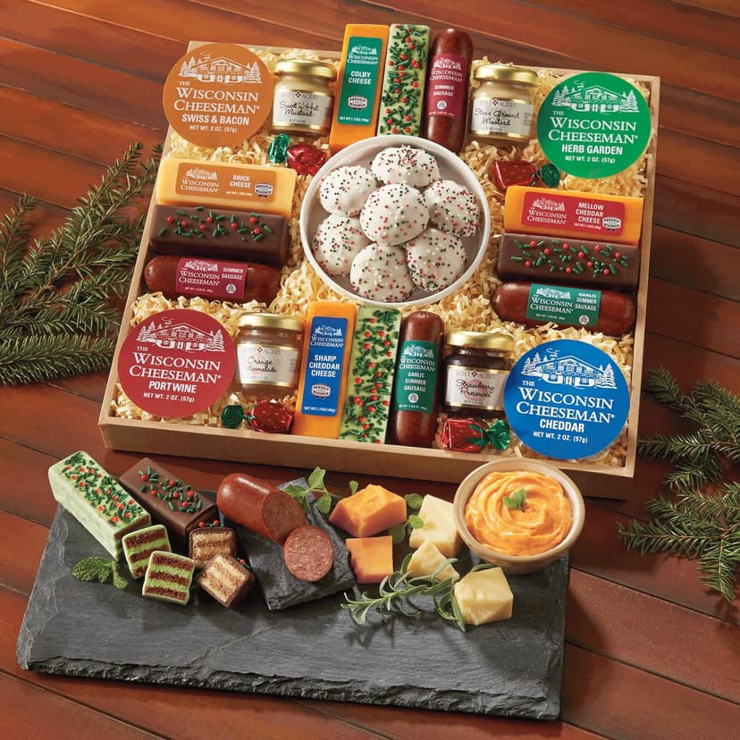 The Wisconsin Cheeseman 21 Favorites - Food Gift Box with Assorted Summer Sausage Meats, Cheese Bricks, Meats and Cheeses for Charcuterie Board Gift Basket