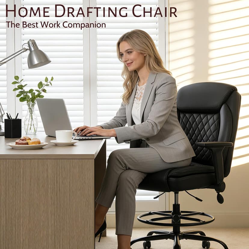 Drafting Chair,Executive Tall Office Chair Flip-up Armrests for Counter Height Desk Drawing Use,High Task Chair with Adjustable Foot Ring & Inflatable Lumbar Support, Swivel Computer Stool,PU Black