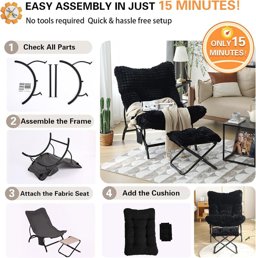 Welnow Black Lazy Chair with Ottoman, Oversized Reading Chair for Adults, Soft Padded Lounge Accent Chair for Living Room, Bedroom, Comfortable Reclining Leisure Chair with Side Pocket
