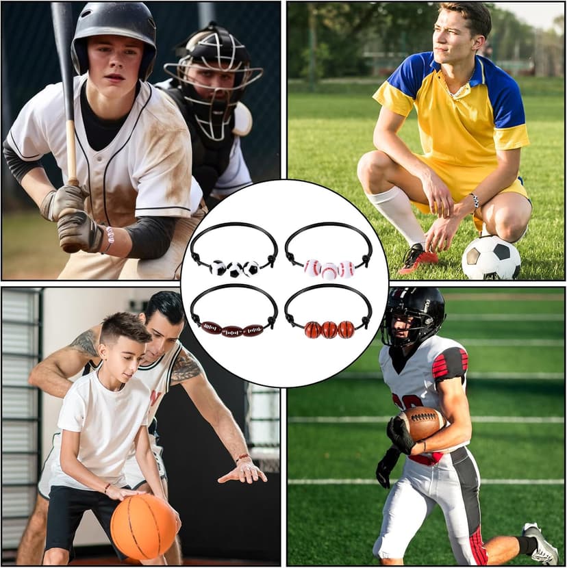 LLOUSSAK 24Pcs Sports Party Favors, Adjustable Sports Bracelets, Soccer Basketball Football Baseball Bracelet Wristbands, Sports Birthday Party Favors Charm Bracelets for Team Adults Gifts